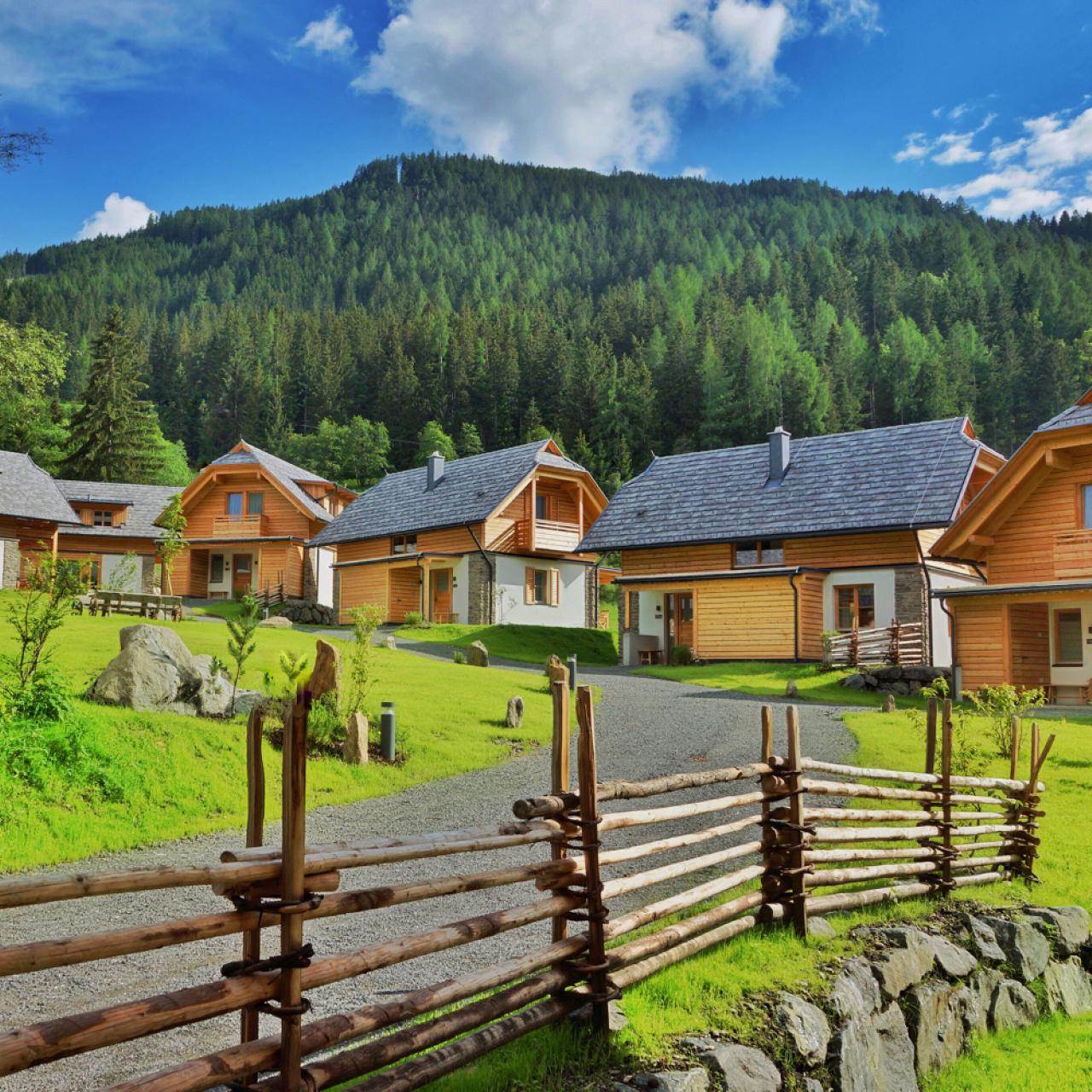 Holzhäuser auf einer Wiese