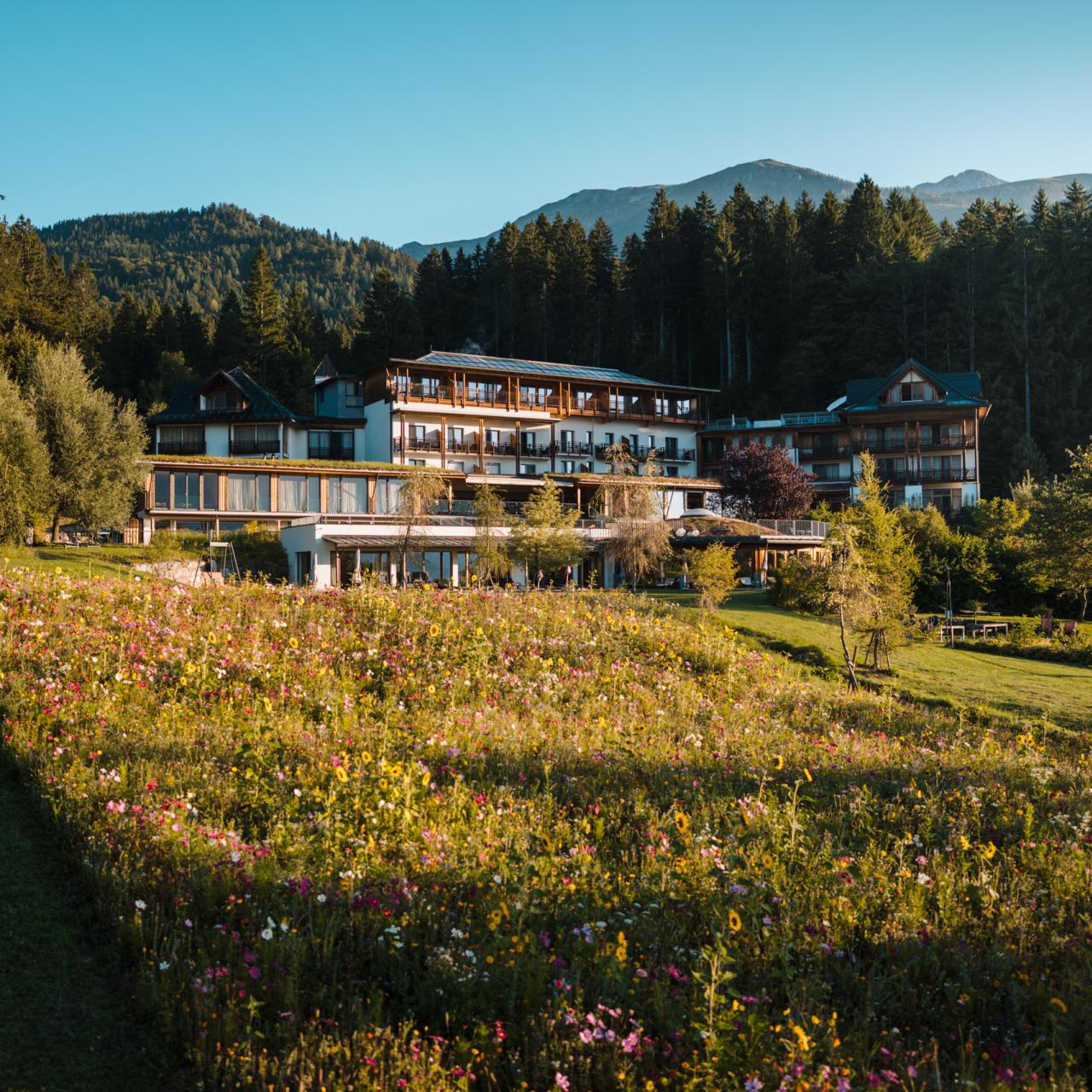 Der Daberer Hotel mit blühender Blumenwiese
