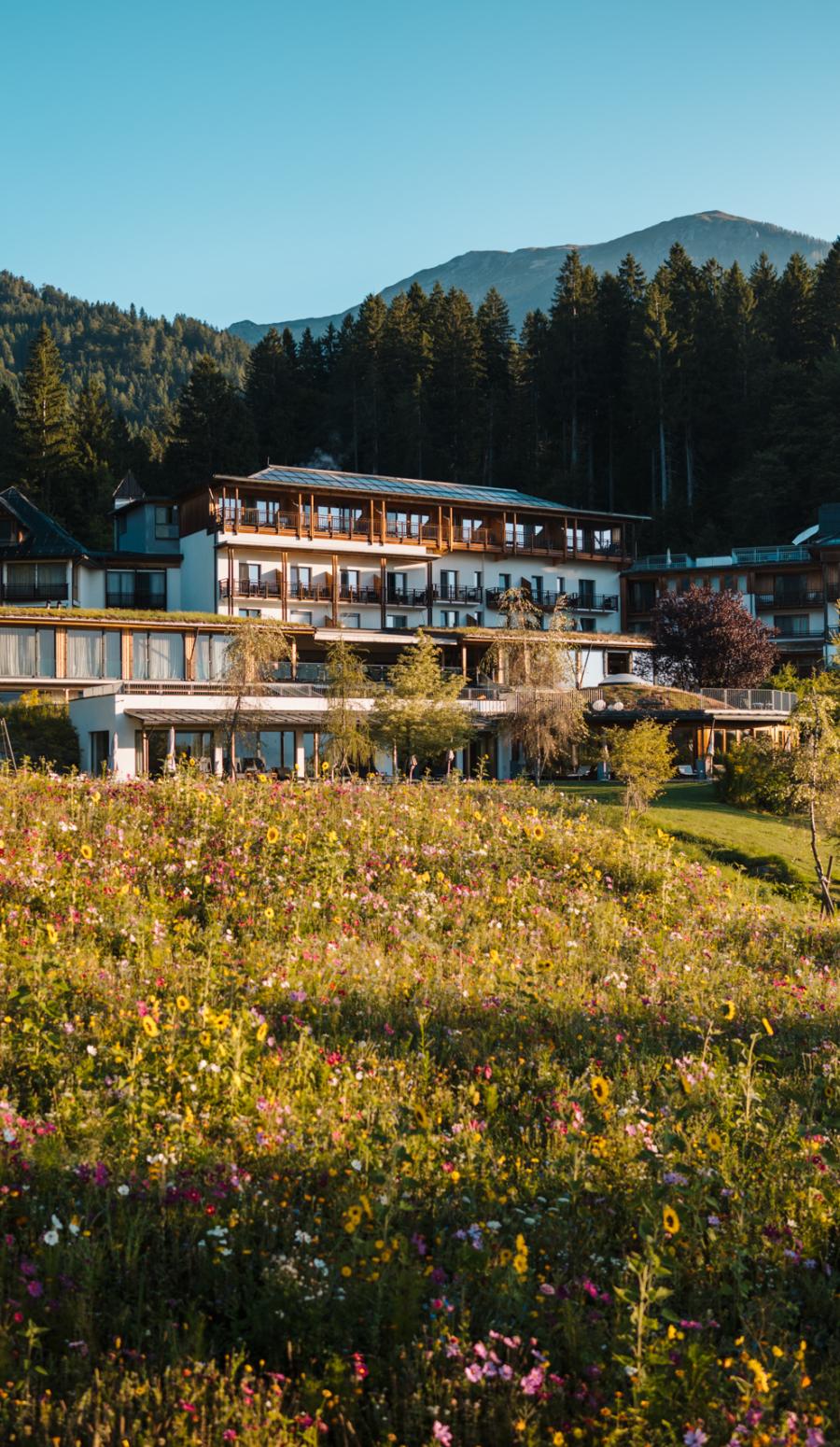 Der Daberer Hotel mit blühender Blumenwiese