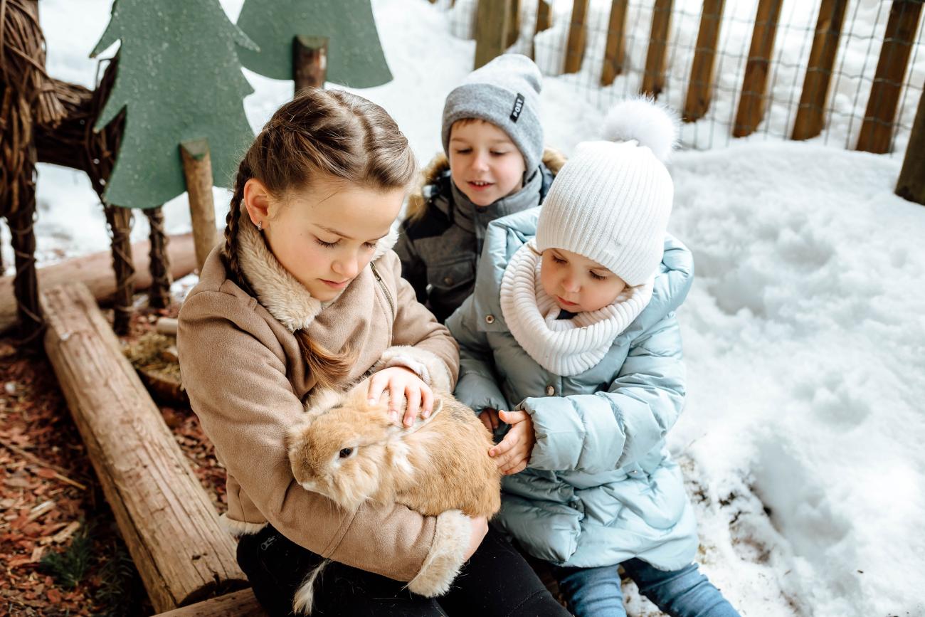 Kinder, die einen Hasen halten und streicheln im Schnee