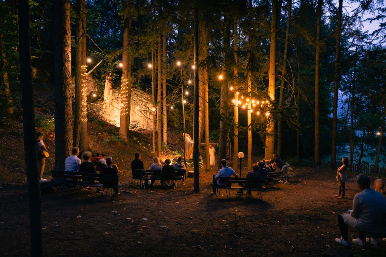 Wald mit Lichterketten, in dem Leute sitzen und einem Konzert lauschen