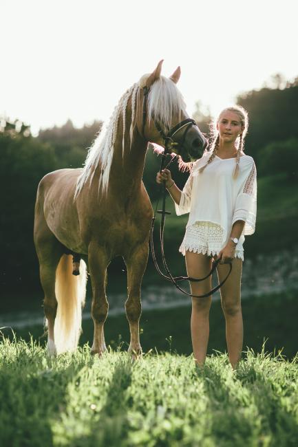 Mädchen, das neben einem braunen Pferd auf einer Wiese steht