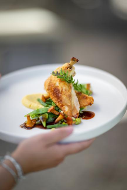 Hauptspeise mit Hähnchen im Fuchsegg Eco Lodge